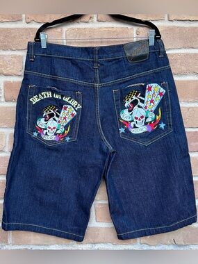 Vintage Ed Hardy “Death or Glory” Denim Shorts — Size 36 — Y2K Tattoo‑Core 🔥